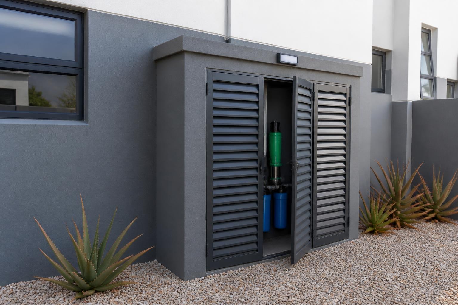 Grey louvred steel cabinet housing a pump and filters