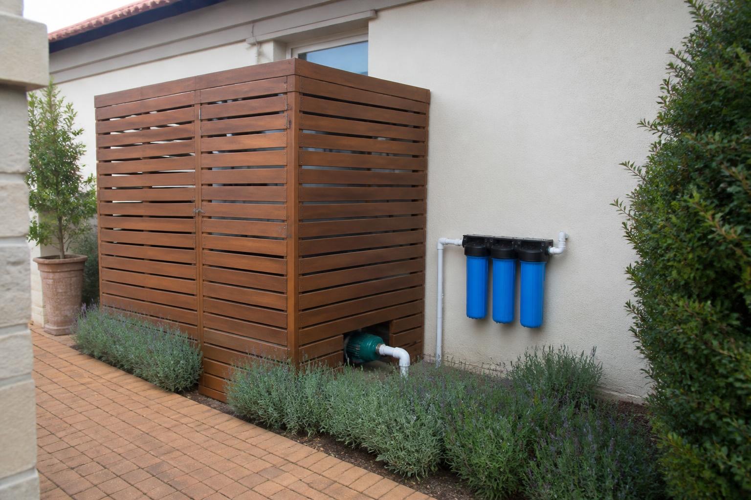 Slatted timber enclosure hiding a tank next to blue filters