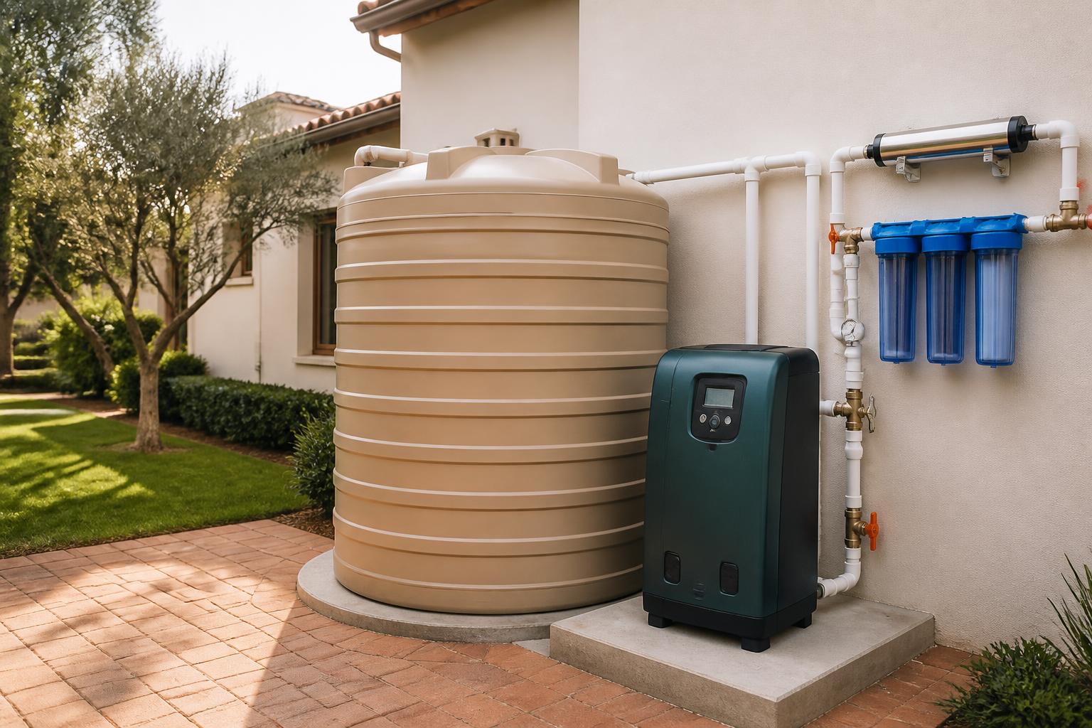 Three blue filter housings mounted on a wall beside a sandstone tank
