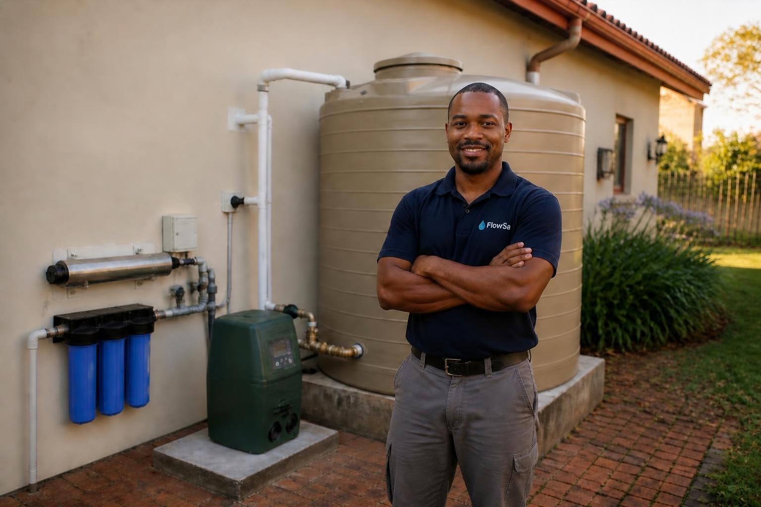A FlowSa team member standing in front of an installed sandstone tank and pump
