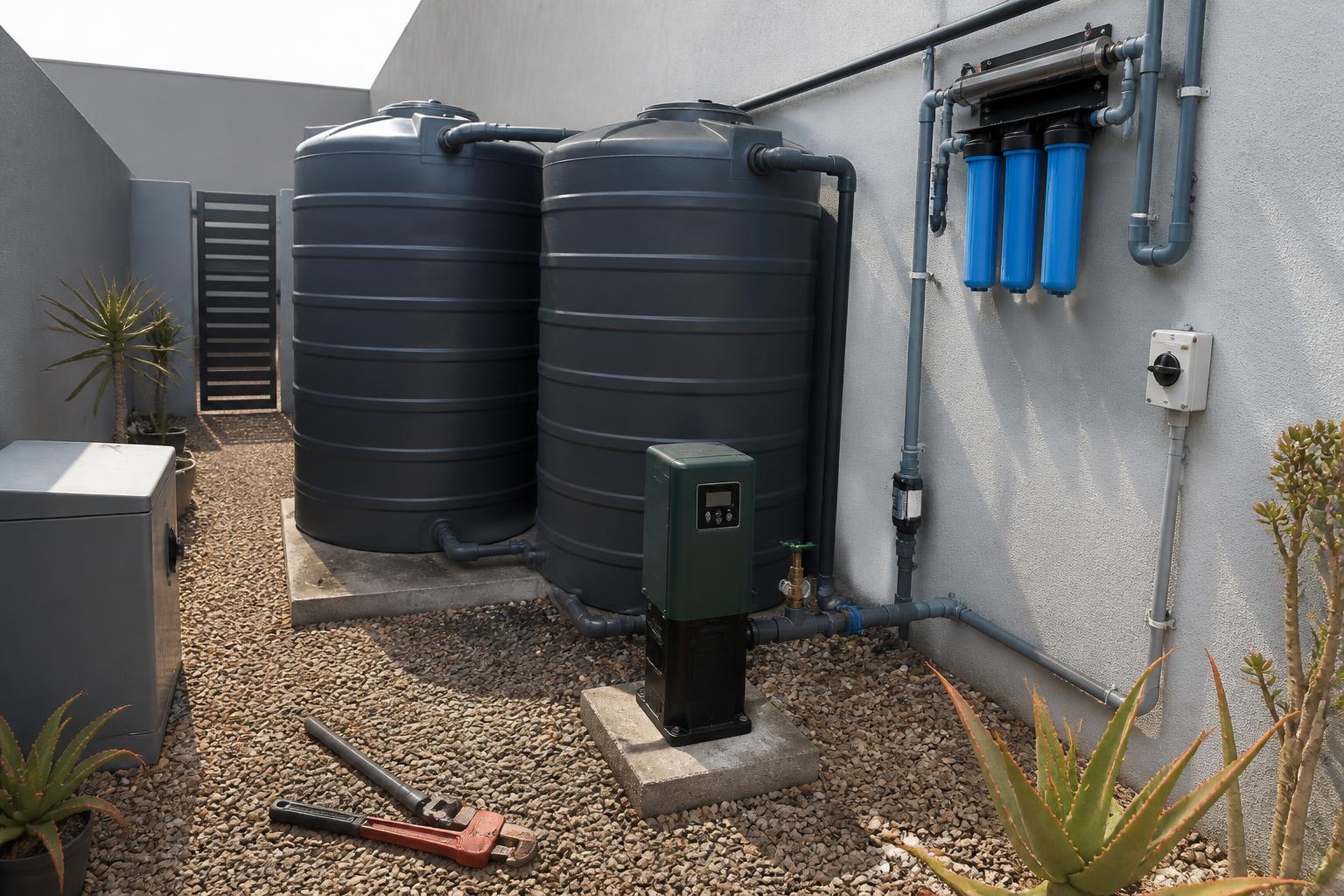 Two linked charcoal tanks with pump and filters in a side yard